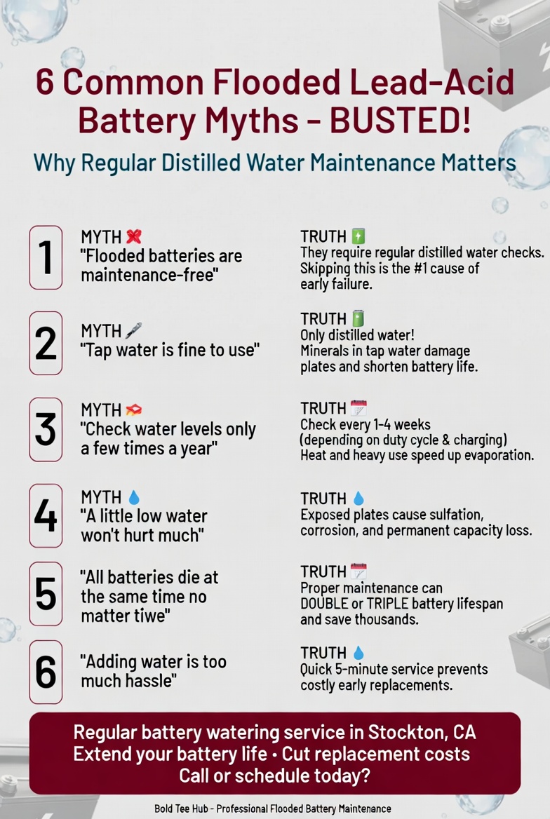 Infographic listing common flooded lead-acid battery myths and explaining why regular distilled water maintenance matters.