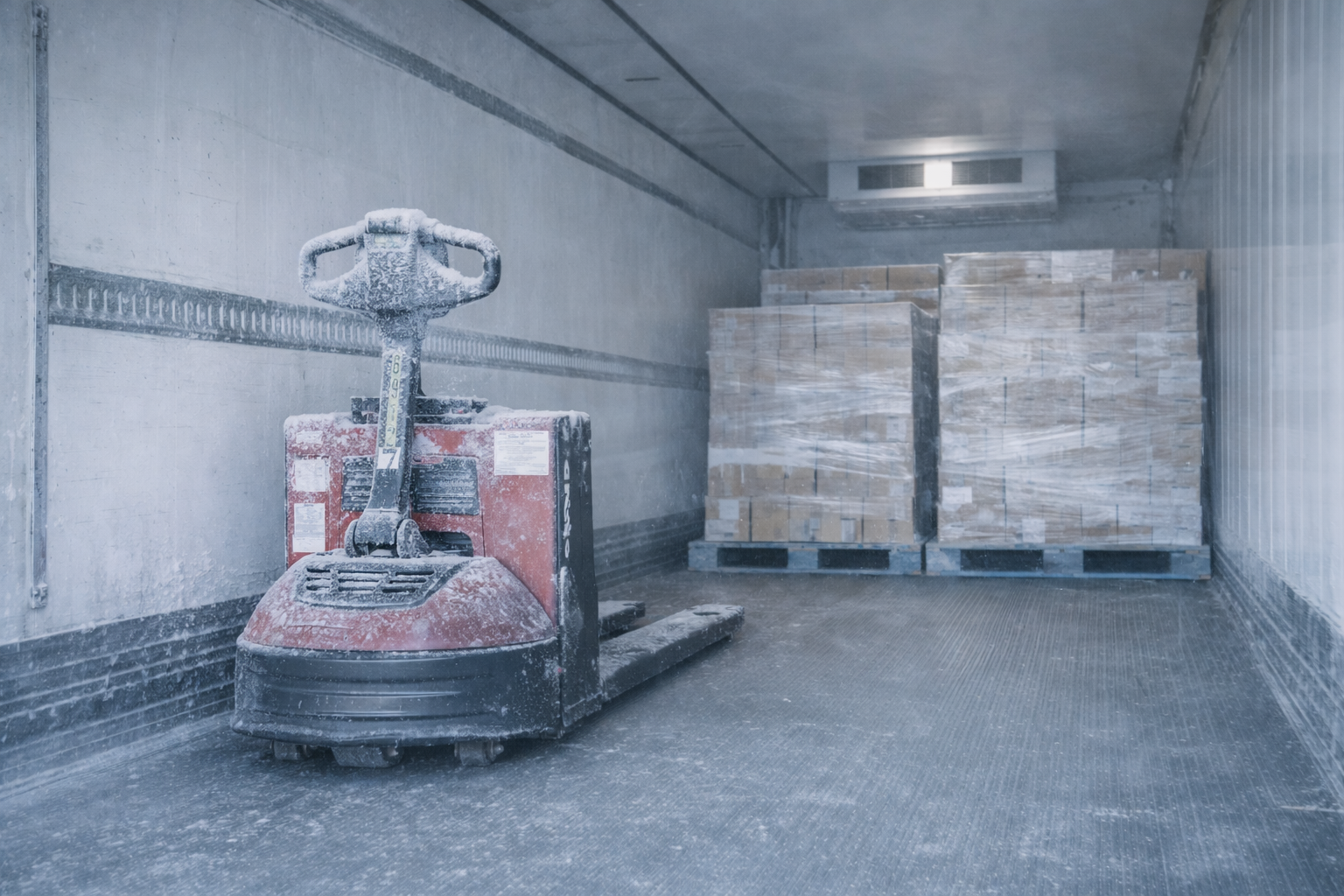 Electric pallet jack inside a cold storage trailer
